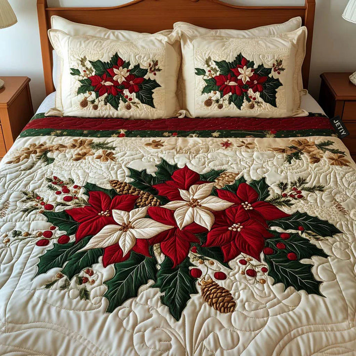 3-Piece Quilted Bedding Set - Poinsettia Charm
