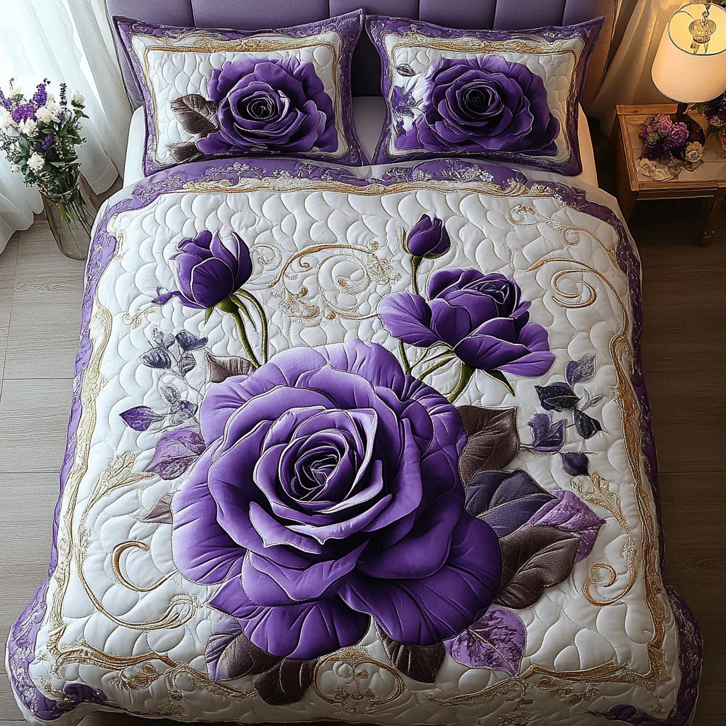 3-Piece Quilted Bedding Set - Purple Pink