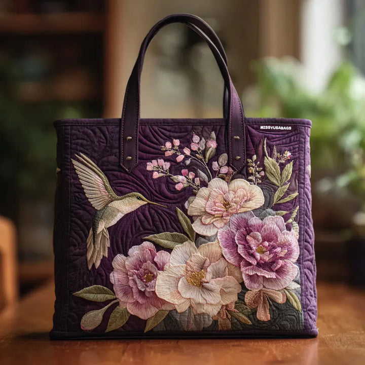 Purple Quilted Bag with Hummingbirds and Orchids