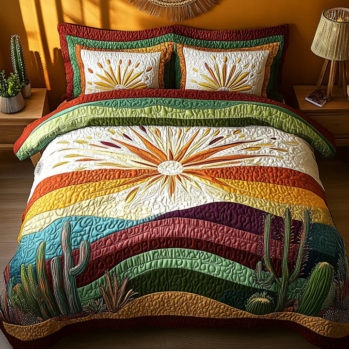 3-Piece Quilted Bedding Set - Sunset Among Cacti