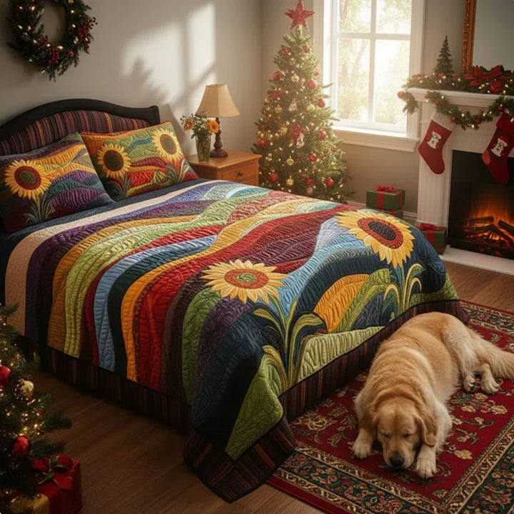 3-Piece Quilted Bedding Set - Sunflower Dreams in the Field