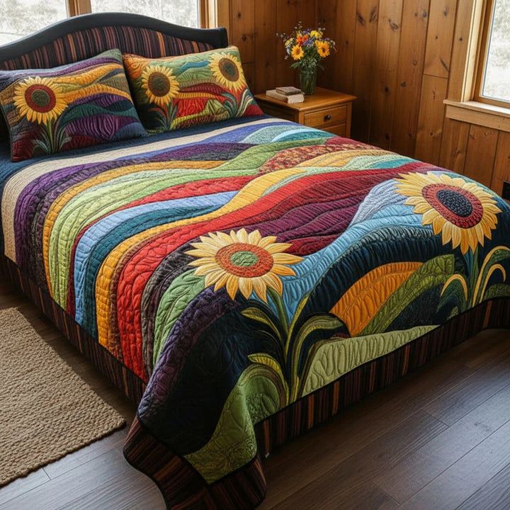 3-Piece Quilted Bedding Set - Sunflower Dreams in the Field