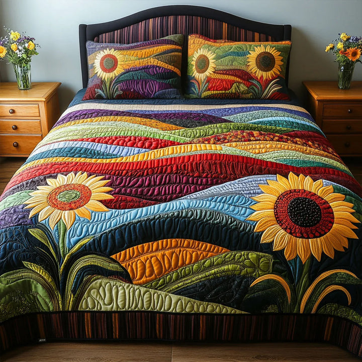 3-Piece Quilted Bedding Set - Sunflower Dreams in the Field