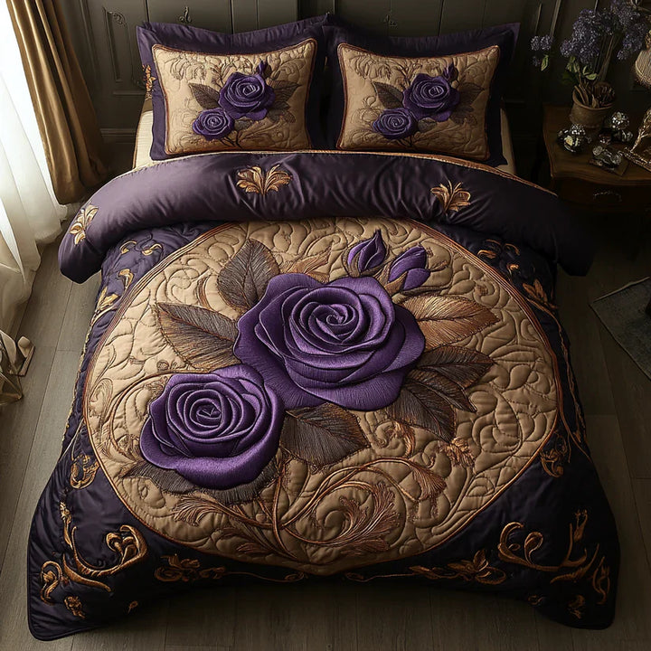3-Piece Quilted Bedding Set - Purple Pink