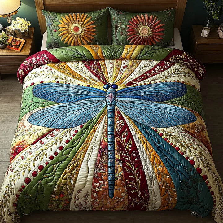 3-Piece Quilted Bed Linen Set Golden Dragonfly