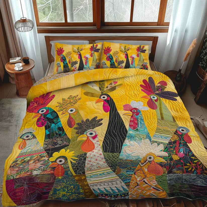 3-Piece Quilted Bedding Set - Roosters of Dawn