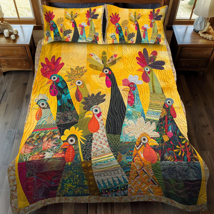 3-Piece Quilted Bedding Set - Roosters of Dawn