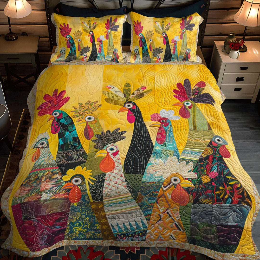 3-Piece Quilted Bedding Set - Roosters of Dawn